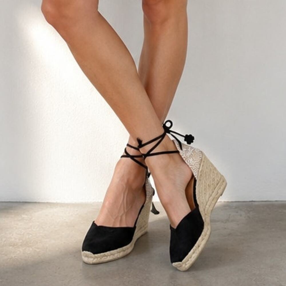 Castaner Carina Espadrilles Womens EU 38/US 7.5 Black Suede Jute Wedge Heel NWOT